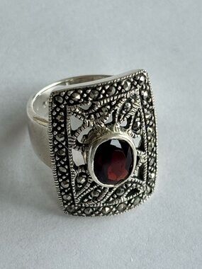 Sterling Silver Marcasite Ring with Deep Red Garnet Center. Size 6